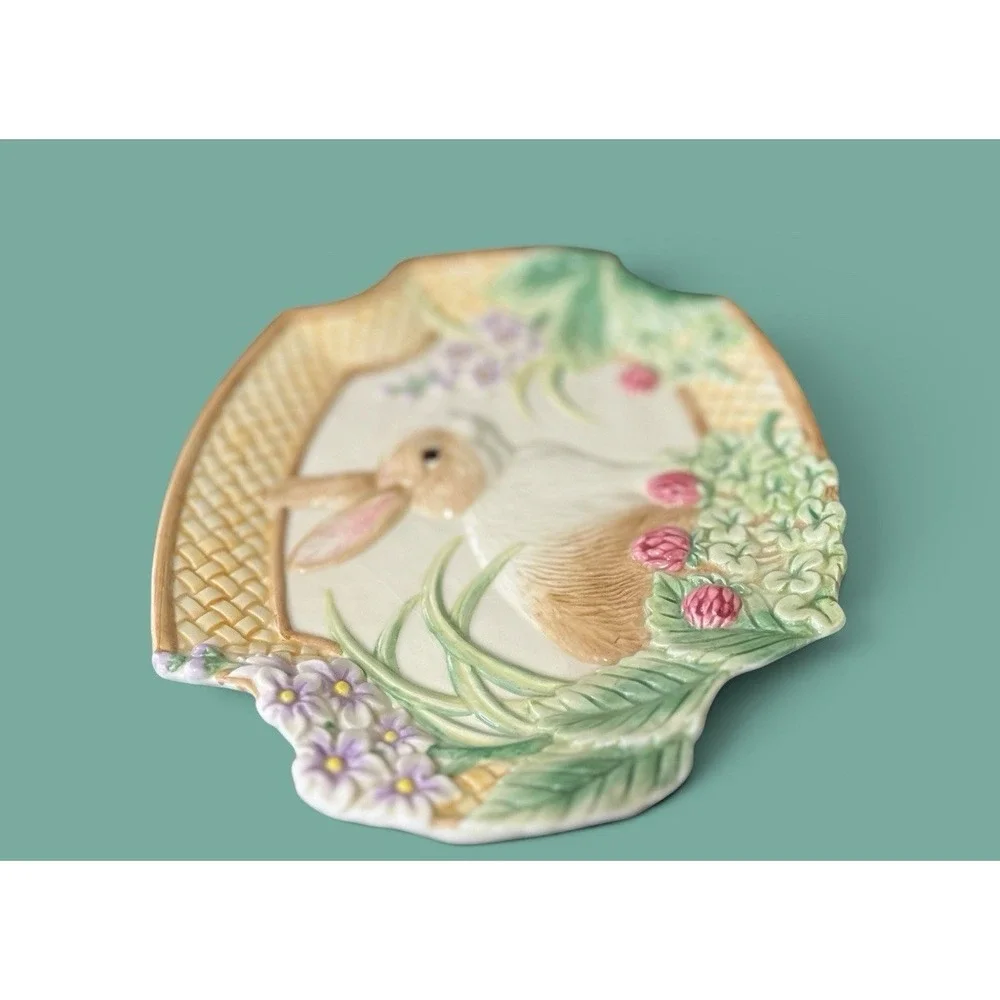 Fitz & Floyd Essentials Botanical Bunny Rabbit Canape Plate Dish Bowl Embossed